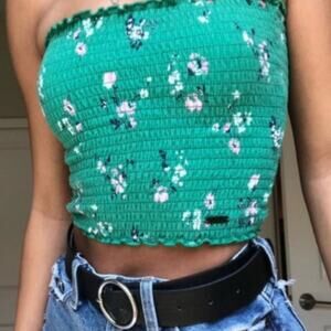 Hollister Green Floral Smocked Strapless Cropped  Boho Tube Top SZ Small